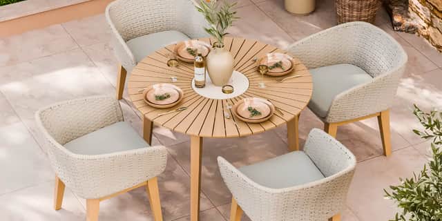 The Royalcraft Roma Sunray dining set combines FSC-certified acacia wood, woven Eden Dusk chairs and a terrazzo insert to create a stylish outdoor dining space.