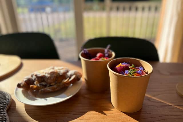 Brook Meadow's breakfast hamper featured fresh strawberries, Jersey milk, an artisan loaf, fresh coffee and granola alongside freshly baked almond and chocolate croissants - from Nicola Ash's La Fête Fleurie, making for a deliciously memorable start to the day.