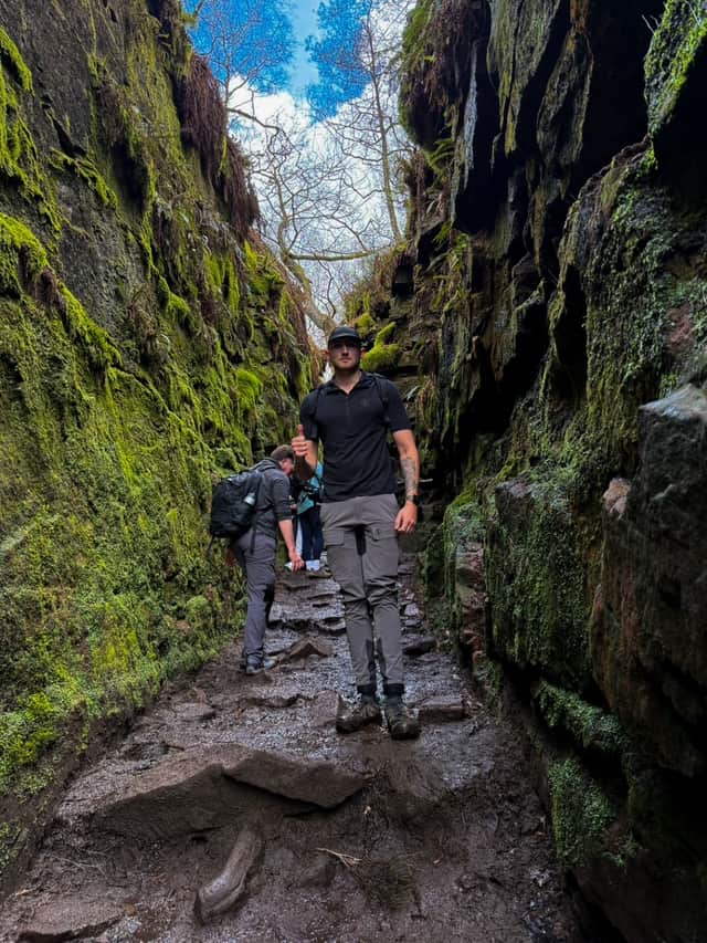 Ben Richardson on a recent training hike at Lud’s Church in the Peaks.