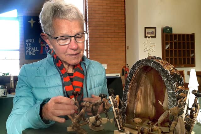 Pat Thorpe with her Malawi nativity made from banana leaves PHOTO: Tim Williams