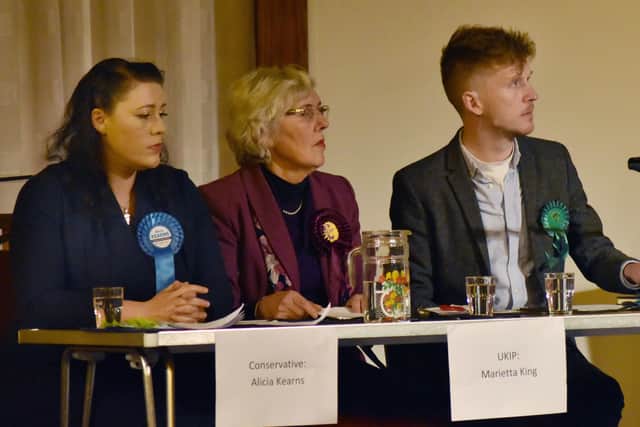 Three of the Rutland and Melton candidates at the General Election hustings event at Melton Baptist Church, from left, Alicia Kearns (Con),  Marietta King (Ukip) and Alastair McQullian (Green) EMN-190312-101645001