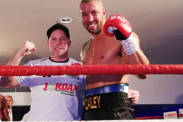 Former Melton ABC man Josh Quailey, pictured with new trainer Carl Greaves after his pro debut bout. Picture: David Wainwright EMN-191217-171347002