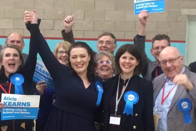 Newly-elected Rutland and Melton MP Alicia Kearns celebrates with Conservative supporters shortly after the result was declared at Melton Sports Village EMN-200114-114106001