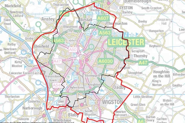 The red line shows the area around Leicester where the government has imposed tighter coronavirus restrictions today EMN-200630-124610001