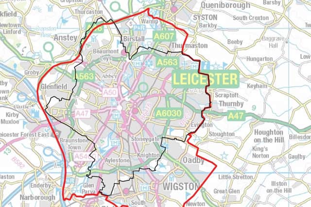 The red line shows the area around Leicester where the government has imposed tighter coronavirus restrictions today EMN-200630-124610001