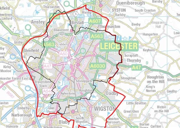 The red line shows the area around Leicester where the government has imposed tighter coronavirus restrictions today EMN-200630-124610001