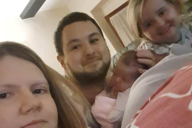 Baby Mollie Mae grant, who was born on March 9, with mum Kirsty, dad Ryan and sister Isabelle EMN-200622-173348001