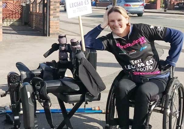 Fundraiser and inspirational speaker Claire Lomas pictured during the ASICS Manchester Marathon in 2018 EMN-200807-170421001
