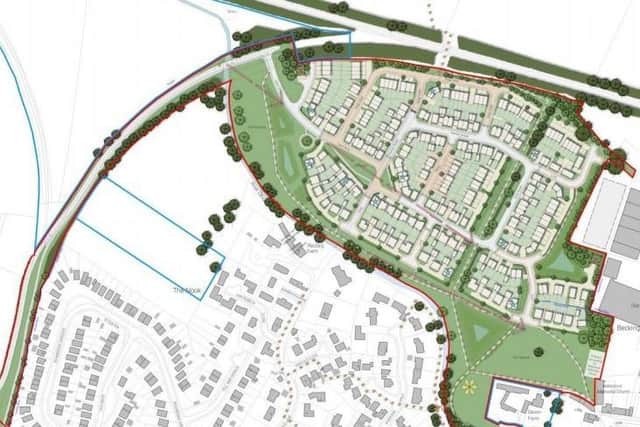 A graphic showing the proposed site for up to 215 new homes at Bottesford EMN-200716-185351001