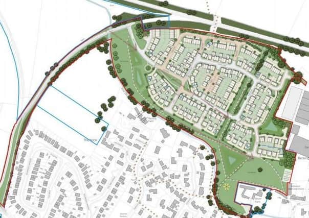 A graphic showing the proposed site for up to 215 new homes at Bottesford EMN-200716-185351001