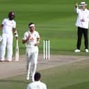 MANCHESTER, ENGLAND - JULY 26: Stuart Broad of England celebrates after taking the wicket of Kemar Roach of West Indies during Day Three of the Ruth Strauss Foundation Test, the Third Test in the #RaiseTheBat Series match between England and the West Indies at Emirates Old Trafford on July 26, 2020 in Manchester, England. (Photo by Michael Steele/Getty Images) 775534511