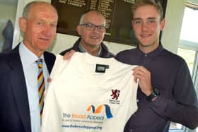 Broad in 2014 with former Egerton Park chairman Geoff Goodson, and current chairman David Glover launching new junior kit to support the Broad Appeal EMN-160911-092427002