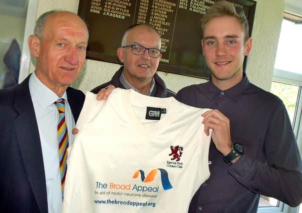 Broad in 2014 with former Egerton Park chairman Geoff Goodson, and current chairman David Glover launching new junior kit to support the Broad Appeal EMN-160911-092427002