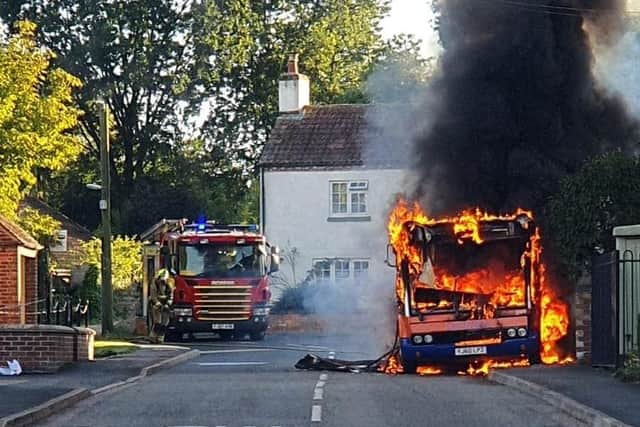The blazing bus at Long Clawson pictured last night EMN-200731-091321001