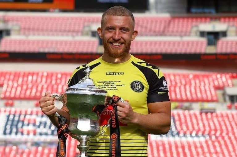 George Thomson, who grew up in Melton, pictured with the National League play-off final trophy at Wembley following Harrogate Town's victory EMN-200508-121949001