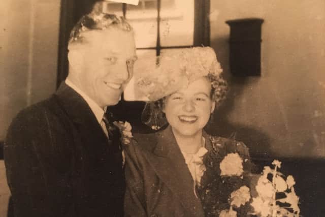Jim and Doreen Posnett on their wedding day in 1947 EMN-200814-101400001