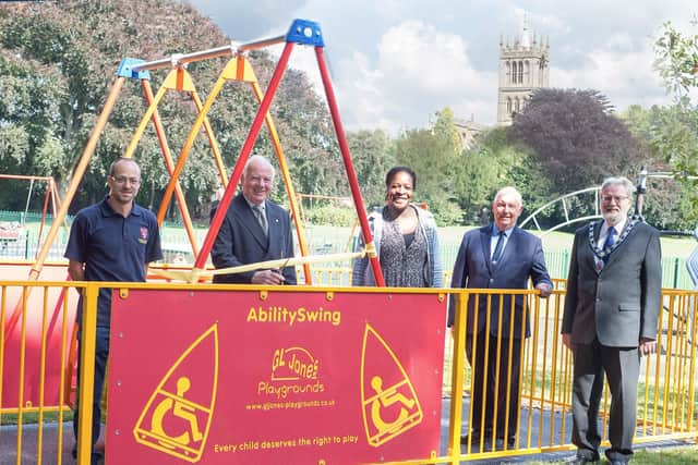 The launch this week of the new AbilitySwing at Melton's Play Park, from left, town bailiff Billy Boulding, Gordon Wells and Dannii Donovan (The Romy Fund Melton Children's Charity), chairman of town estate feoffees John Southerington and senior townwarden Ian Wilkinson
PHOTO DEREK WHITEHOUSE PHOTOGRAPHY EMN-200209-104839001