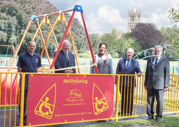 The launch this week of the new AbilitySwing at Melton's Play Park, from left, town bailiff Billy Boulding, Gordon Wells and Dannii Donovan (The Romy Fund Melton Children's Charity), chairman of town estate feoffees John Southerington and senior townwarden Ian Wilkinson
PHOTO DEREK WHITEHOUSE PHOTOGRAPHY EMN-200209-104839001