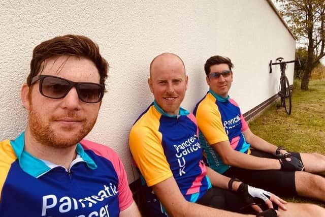 Pete Bullock (centre) with two of the friends who are cycling 1,000 miles with him for charity, Andrew Robertson (left) and Philip Muff EMN-200828-133931001