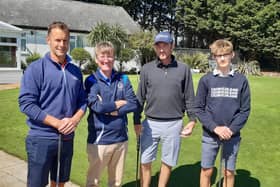 MMGC Captain John Harvey welcoming golfers to his Captain's Competition, from left to right Gav Baxter, Captain John Harvey, Rob Smith and Oscar Baxter.