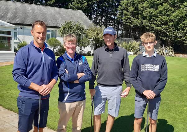 MMGC Captain John Harvey welcoming golfers to his Captain's Competition, from left to right Gav Baxter, Captain John Harvey, Rob Smith and Oscar Baxter.