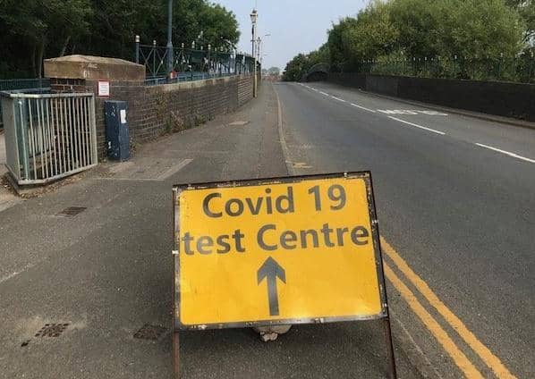 A sign on Burton Road bridge flagging up a recent mobile Covid-19 test site in Melton EMN-200914-154806001