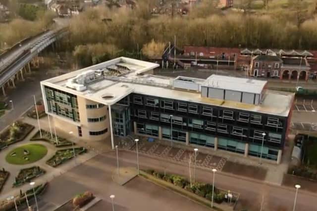 A aerial view of the Melton Borough Council offices off Burton Street - taken from a council video to promote the launch of the corporate strategy for 2020-2024 EMN-200928-113442001