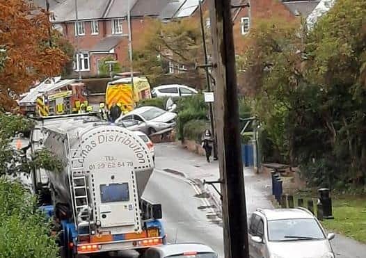 The aftermath of an incident in Asfordby Road this afternoon (Friday) where a car has collided with a wall EMN-200210-162450001