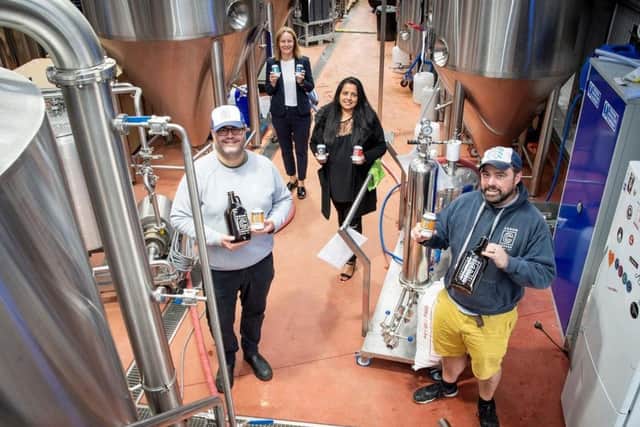 Round Corner Brewing co-founders, Colin Paige and Combie Cryan, with Business Gateway representatives Ann Cook and and Rita Ram at the Melton business EMN-200610-110908001