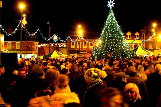 The Christmas tree and lights glow in the town centre in November 2017 at the annual switch-on event EMN-200610-151402001