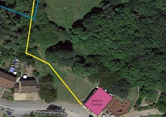 The route (yellow line) of the planned new footpath in Melton Country Park with the Persimmon housing development land shown by the blue line EMN-200810-183453001