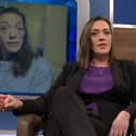 Kristie Bishop, who died a drug-related death in March, pictured on The Jeremy Kyle Show in February 2019 after her three-month rehab treatment with the screen behind showing how she looked when she previously appeared as an addict EMN-201014-160225001