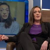 Kristie Bishop, who died a drug-related death in March, pictured on The Jeremy Kyle Show in February 2019 after her three-month rehab treatment with the screen behind showing how she looked when she previously appeared as an addict EMN-201014-160225001