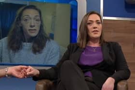 Kristie Bishop, who died a drug-related death in March, pictured on The Jeremy Kyle Show in February 2019 after her three-month rehab treatment with the screen behind showing how she looked when she previously appeared as an addict EMN-201014-160225001