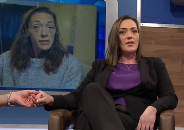 Kristie Bishop, who died a drug-related death in March, pictured on The Jeremy Kyle Show in February 2019 after her three-month rehab treatment with the screen behind showing how she looked when she previously appeared as an addict EMN-201014-160225001