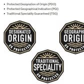 The new logos unveiled by Defra to be used on protected food packaging such as Melton pork pies and Stilton cheese after the UK leaves the EU EMN-200411-102441001