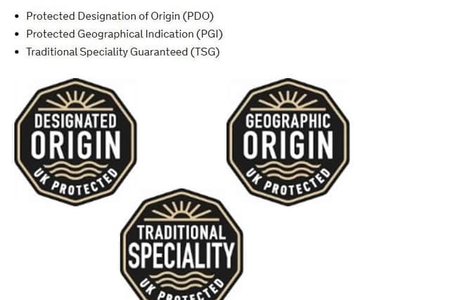 The new logos unveiled by Defra to be used on protected food packaging such as Melton pork pies and Stilton cheese after the UK leaves the EU EMN-200411-102441001