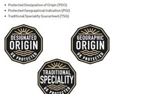 The new logos unveiled by Defra to be used on protected food packaging such as Melton pork pies and Stilton cheese after the UK leaves the EU EMN-200411-102441001