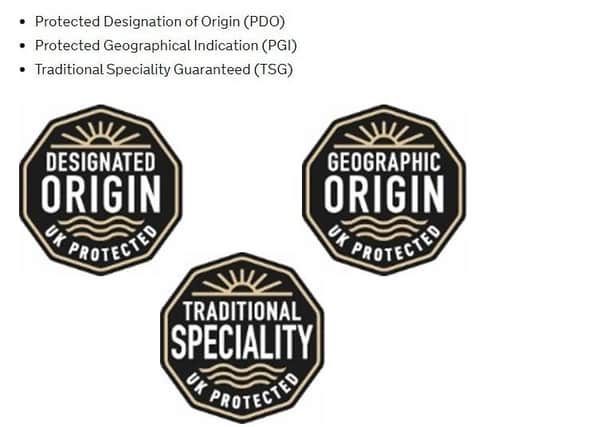 The new logos unveiled by Defra to be used on protected food packaging such as Melton pork pies and Stilton cheese after the UK leaves the EU EMN-200411-102441001