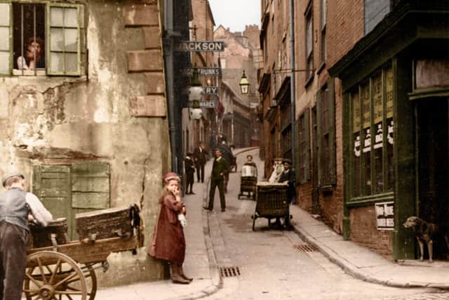 Drury Hill, Nottingham, United Kingdom circa 1906. This picturesque street once stood where the Broadmarsh Shopping Centre is today. The lane was only 4ft 10 inches wide at its narrowest point

Image: Tom Marshall (PhotograFix) EMN-201021-173449001