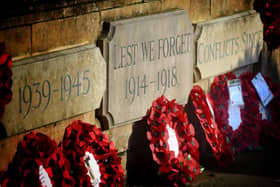 Wreaths at the war memorial in Melton's Memorial Gardens in November 2019 EMN-200311-172712001
