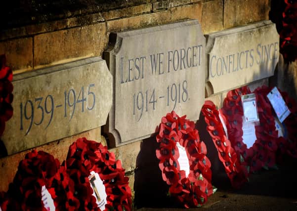 Wreaths at the war memorial in Melton's Memorial Gardens in November 2019 EMN-200311-172712001