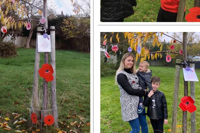 Residents of Severn Hill, Melton, decorated this tree with homemade poppies to mark Remembrance Sunday - Kirsty Wells is shown holding baby Spencer with son Fletcher with neighbours Maddie and Finn in the other picture EMN-200911-152359001
