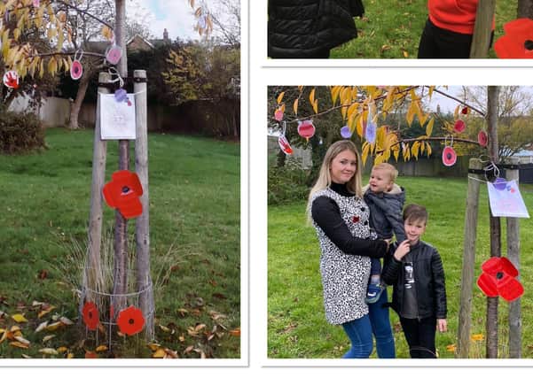 Residents of Severn Hill, Melton, decorated this tree with homemade poppies to mark Remembrance Sunday - Kirsty Wells is shown holding baby Spencer with son Fletcher with neighbours Maddie and Finn in the other picture EMN-200911-152359001