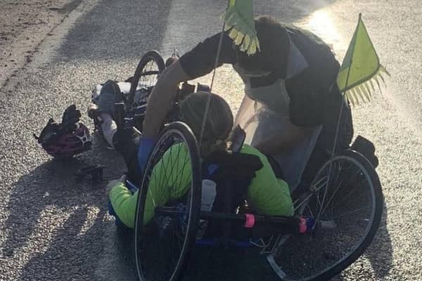 The aftermath of the collision involving Claire Lomas' handcycle and a car EMN-200712-092126001