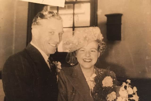 Jim and Doreen Posnett on their wedding day in 1947 EMN-201212-095902001