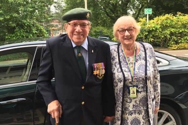 Councillor Pam Posnett with her late war veteran father-in-law, Jim, at Leicestershire's Armed Forces Day ceremony in 2019 EMN-201213-141120001
