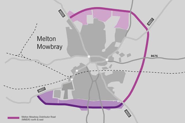 The route of the approved Melton Mowbray Distributor Road (MMDR), connecting north, east and south, and how it would join with the planned southern link section EMN-201215-162334001