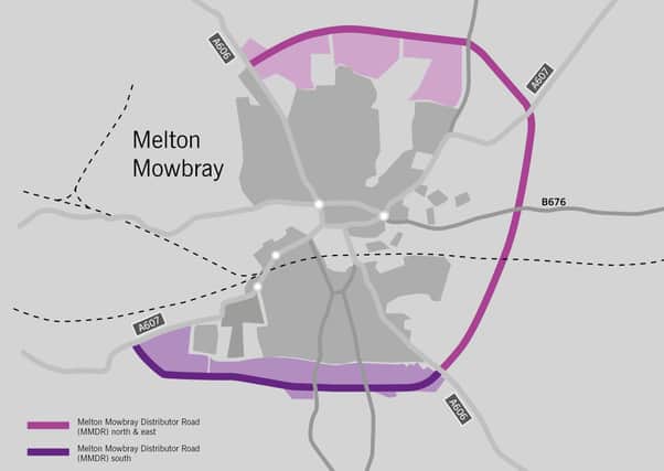 The route of the approved Melton Mowbray Distributor Road (MMDR), connecting north, east and south, and how it would join with the planned southern link section EMN-201215-162334001