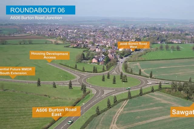 A computer-generated drone flight over the approved Melton Mowbray Distributor Road (MMDR) showing where the road would link with a new junction with the A606 Burton Road and a planned south link EMN-201217-130853001